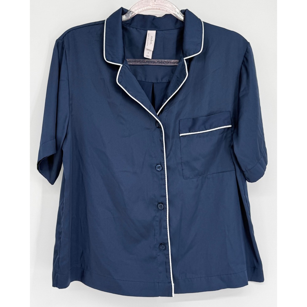 Auden Womens Navy Blue Button Front Short Sleeve Pajama Top Piping Sz M